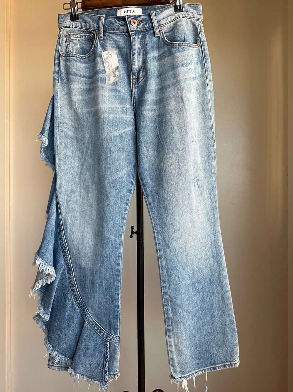pistola Light Blue Wide Leg Jeans with Ruffle Side Panel